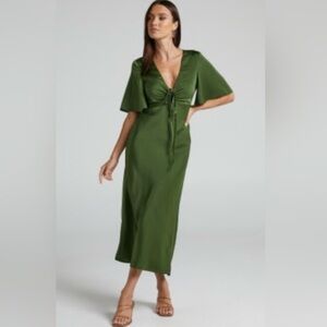 Showpo Green Sheath Dress with V-Neck and Ruched Tie Front